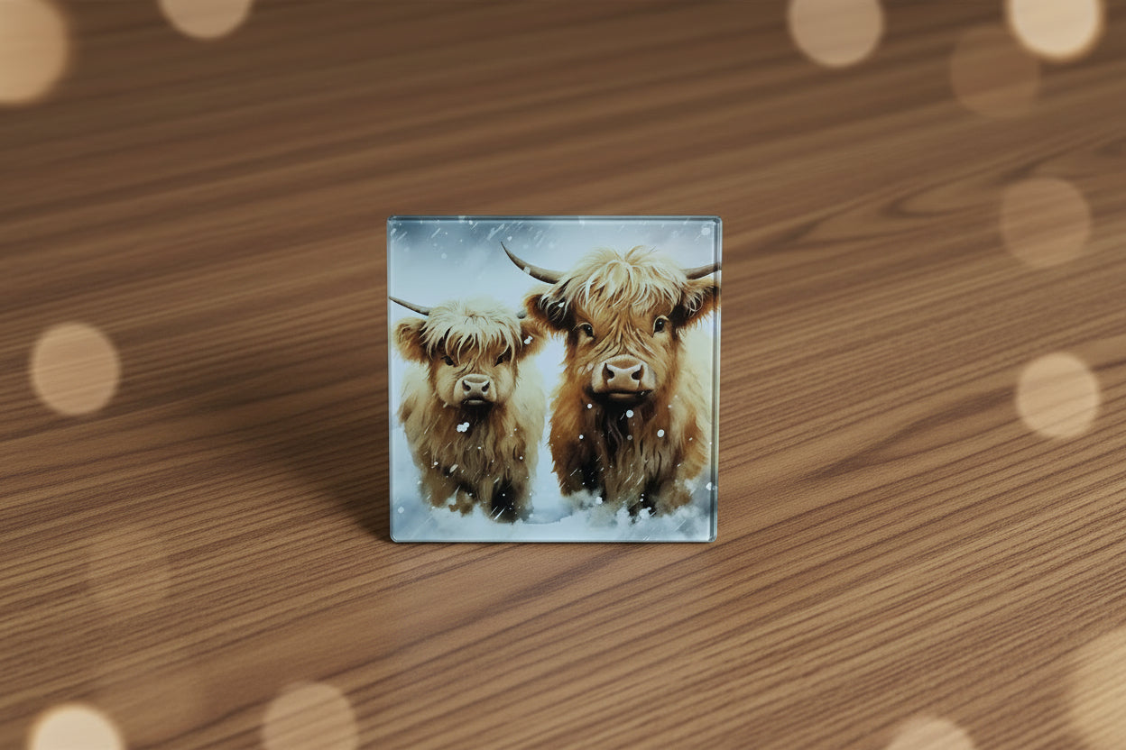 Set of 4 Highland Cow Art Glass Coasters | Gift for Cow Lovers