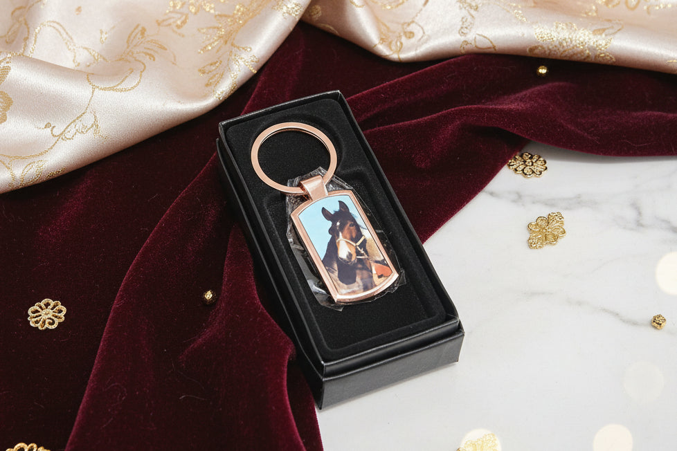 Oblong rose gold metal keyring, custom picture, personalised gift.