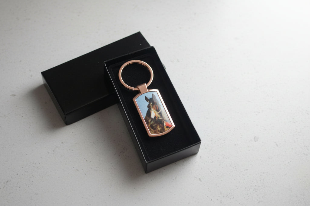 Oblong rose gold metal keyring, custom picture, personalised gift.