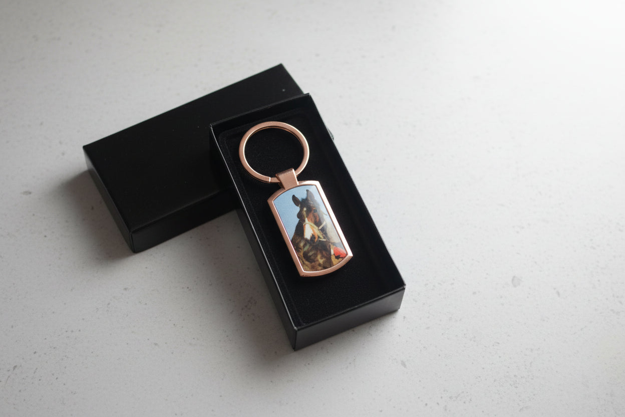 Oblong rose gold metal keyring, custom picture, personalised gift.