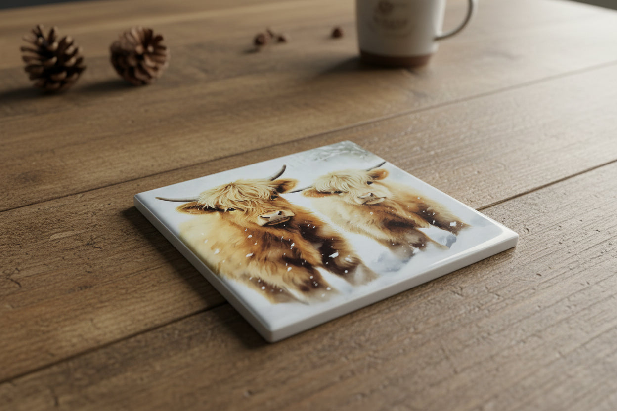 Set of 4 Highland Cow Art Glass Coasters | Gift for Cow Lovers