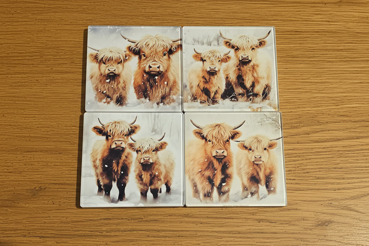 Set of 4 Highland Cow Art Glass Coasters | Gift for Cow Lovers