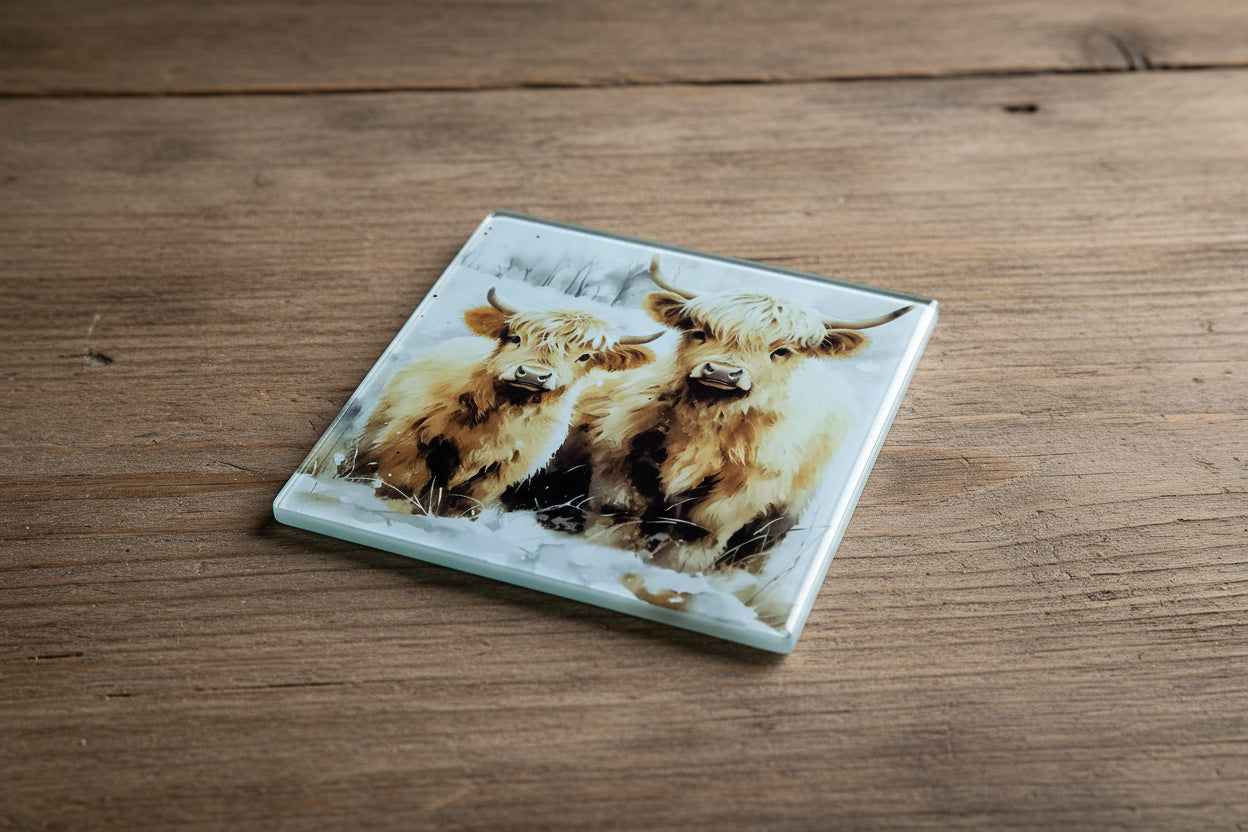 Set of 4 Highland Cow Art Glass Coasters | Gift for Cow Lovers